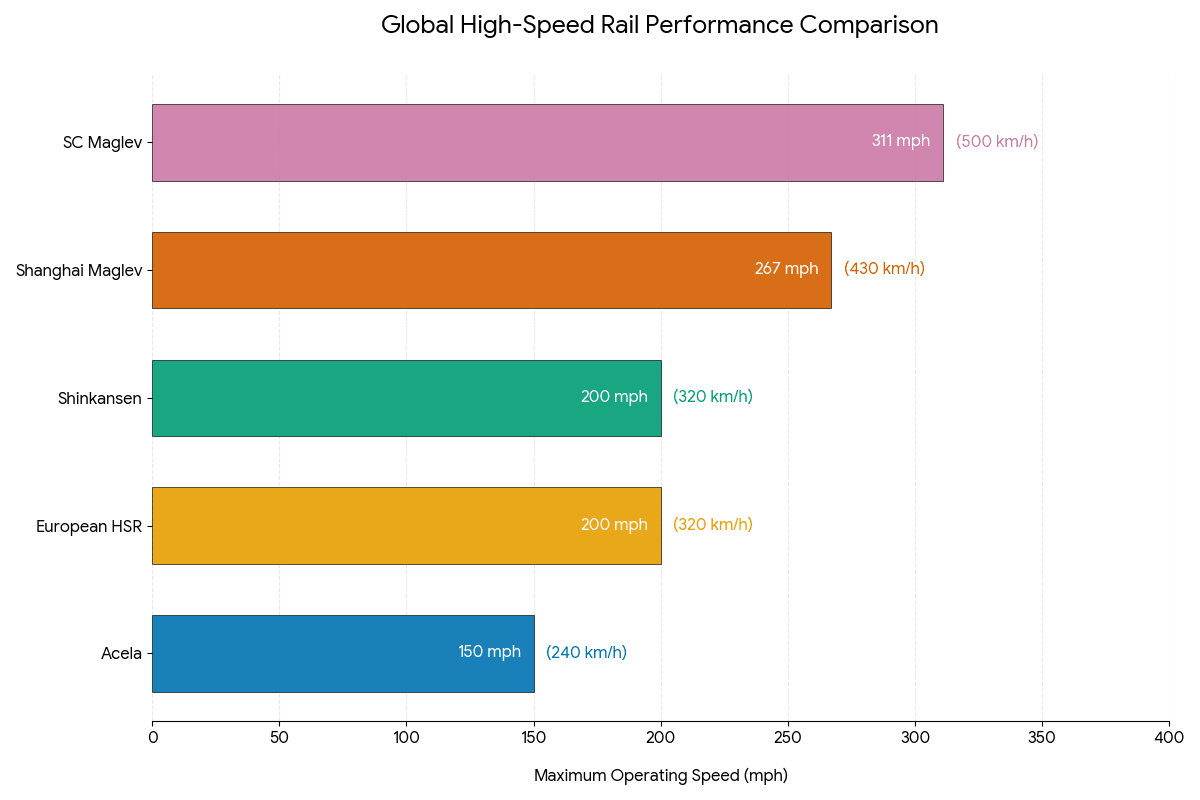 Global High-Speed Rail Performance Comparison chart showing maximum operating speeds